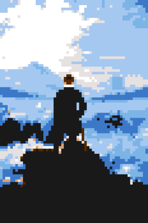 Le Voyageur contemplant une mer de nuages en pixels