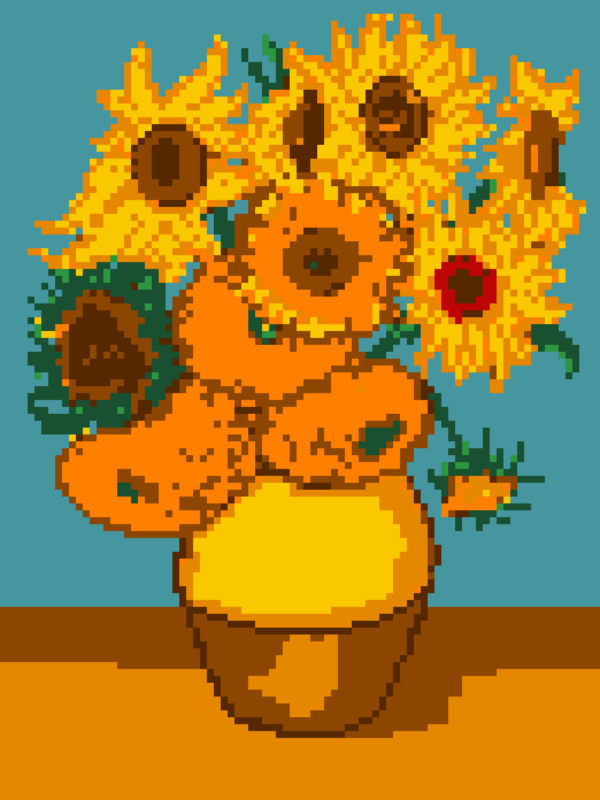 Vase avec douze tournesols en pixels