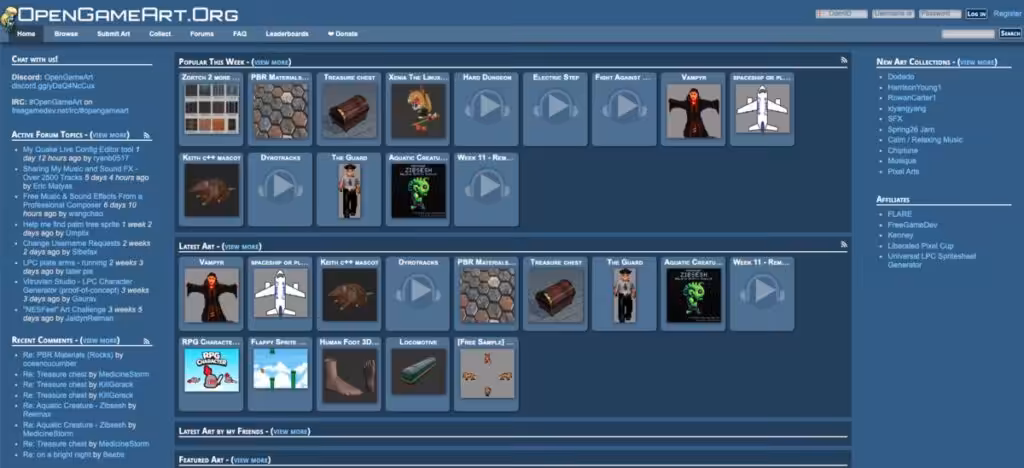 Interface d'OpenGameArt, plateforme de pixel art sous licence libre