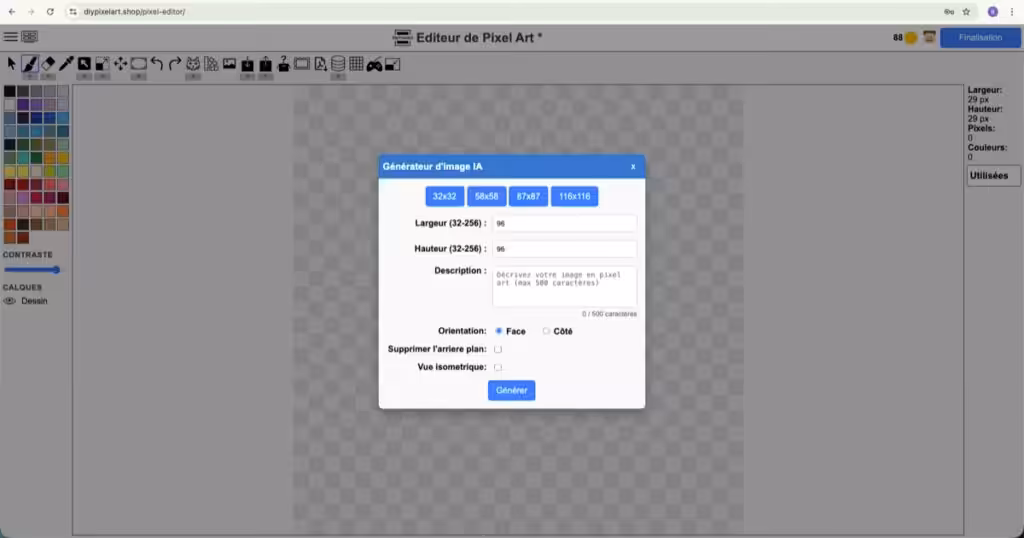 Fenêtre pour générer pixel art IA