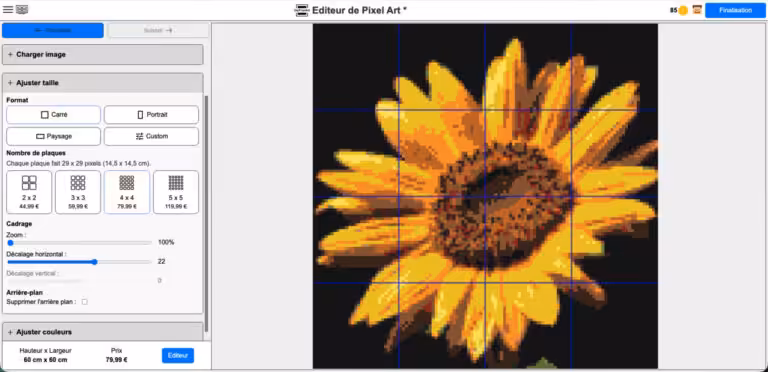 Panneau de sélection de la taille de la mosaïque pixel art