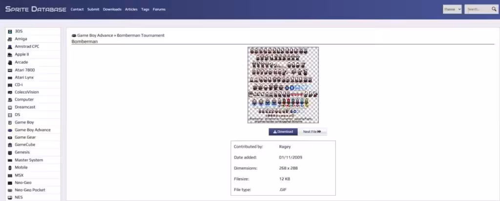 Page d'accueil de Sprite Database, base de données de sprites rétro