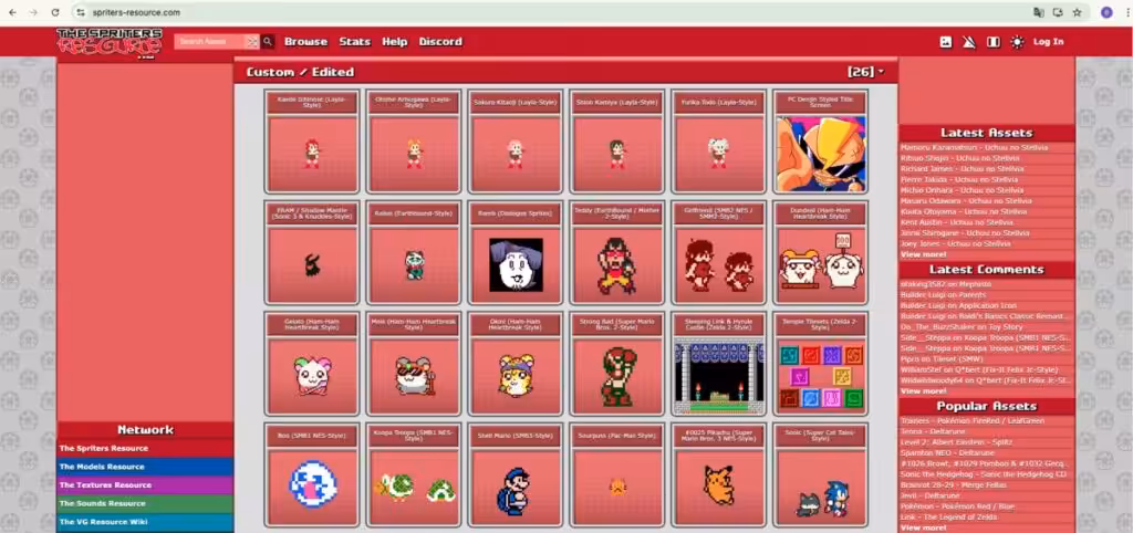 Interface de The Spriters Resource : archive de sprites par console et par jeu