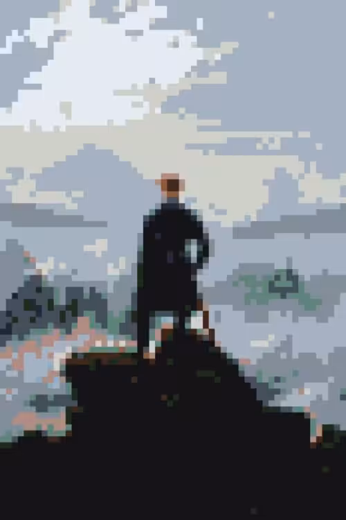 Le Voyageur contemplant une mer de nuages en pixels